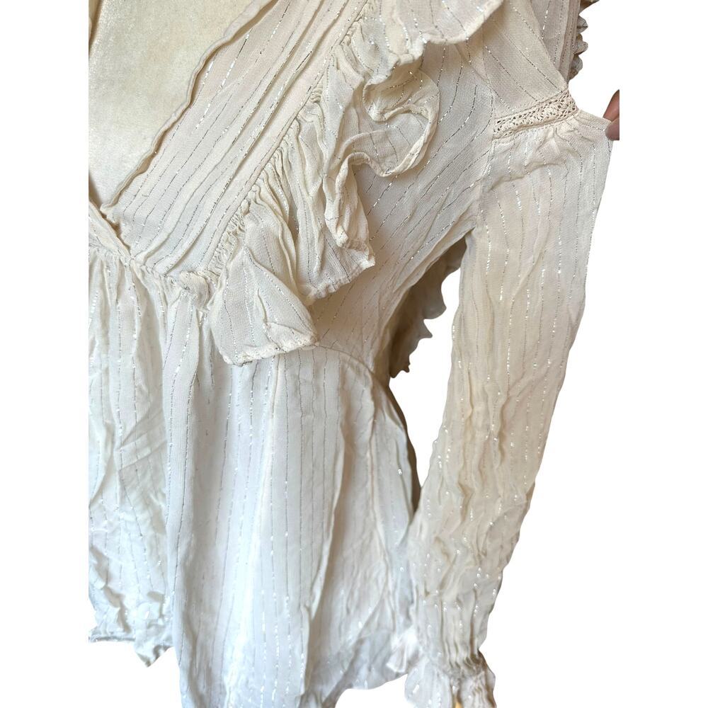 Anthropologie Maeve Cream Ruffle and Metallic Pinstripe Romantic Tunic - Size 00 - Picture 5 of 7